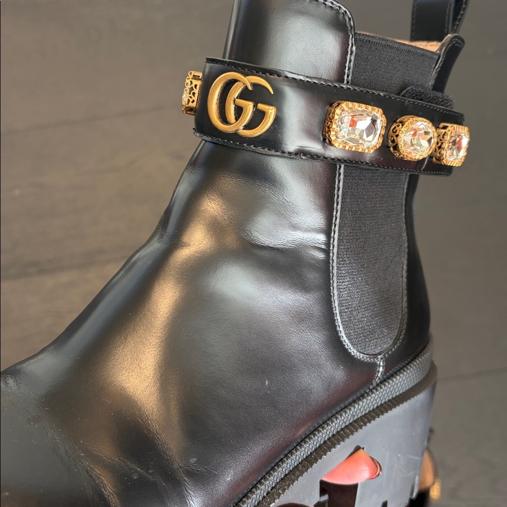 Gucci Black Ankle Boots with Gold Accents - Picture 7 of 7